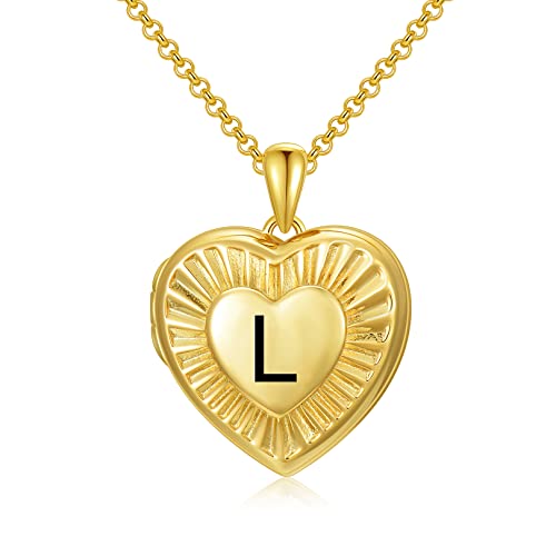SOULMEET 10K 14K 18K Solid Yellow Gold/Plated Gold Locket Radiation Initial Heart Locket Necklace that Holds Pictures Personalized Photo Locket Necklace Alphabet A-Z - style: L-locket only