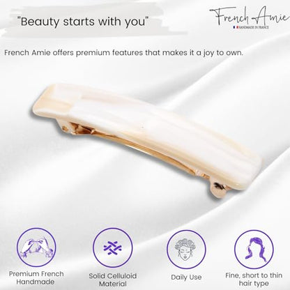 French Amie Bar Small 2 1/4 Inch Cellulose Acetate Hair Barrette | Handmade Cellulose Acetate Rectangular Shape For Women Girls Teens Everyday Style - color: Ivory