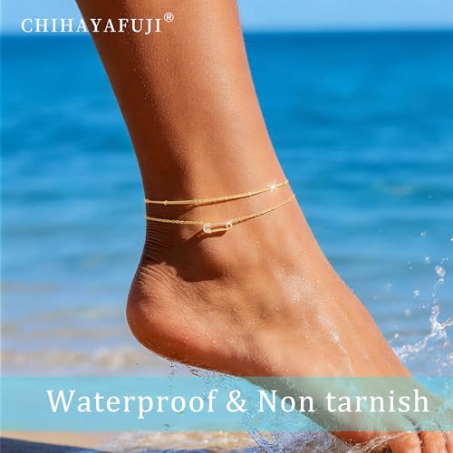 Sterling Silver Ankle Bracelets for Women 14K Gold Waterproof Layered Braided Chain Knot Charm Stackable Adjustable Non Tarnish Anklets Bracelet for Summer Beach Jewelry Gift - color: goldC