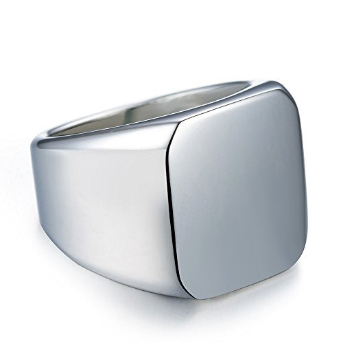 Stainless Steel Signet Ring for Men Solid Square Biker Rings Matte Brushed/Polished Finish - color: Polished, Silver