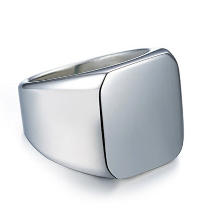 Stainless Steel Signet Ring for Men Solid Square Biker Rings Matte Brushed/Polished Finish - color: Polished, Silver
