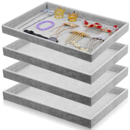 4 Pack Gray Velvet Stackable Jewelry Tray Showcase Display - 13.78 x 9.45 x 1.18 Inch, Stackable Necklace Bracelet Ring Showcase Display Empty Plate for Necklace Earring Ring Bracelet