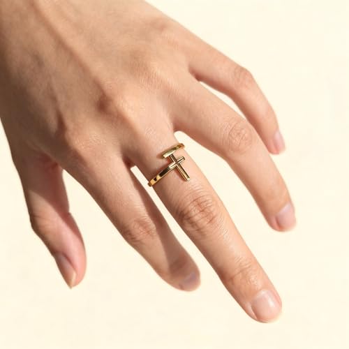 Cross Rings For Women, Faith Christian Blessed Hope Love Encouragement Pray Ring Adjustable Open Wrap Thumb Cross Inspirational Ring Dainty 14k gold Jewelry Easter Gift Non Tarnish - color: Gold 1