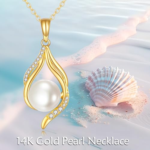 DOVRAN 14k Gold Pearl Necklace for Women Solid Gold Freshwater Pearl Pendant 8mm Pearl Jewelry Gift Christmas