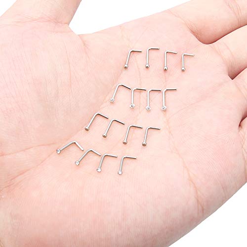 Hoeudjo Nose Studs Surgical Steel Cubic Zirconia Nose Rings Kit for Women Men Tiny Nose Stud Screw & Bone & L Shaped Nostril Rings Piercing Jewelry 22 Gauge 16 Pieces - color: L-shaped nose ring, silver-tone