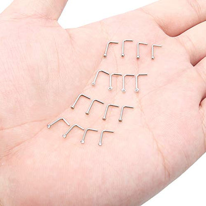 Hoeudjo Nose Studs Surgical Steel Cubic Zirconia Nose Rings Kit for Women Men Tiny Nose Stud Screw & Bone & L Shaped Nostril Rings Piercing Jewelry 22 Gauge 16 Pieces - color: L-shaped nose ring, silver-tone