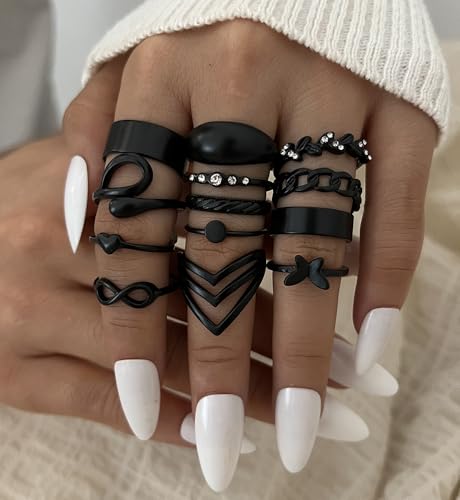 iF YOU 25 Pcs Gold Stackable Ring Set for Women, Chunky Knuckle Finger Midi Rings, Silver Simple Stacking Cute Rings Pack Trendy Stuff Jewelry Gift - style: 25 Black chunky rings