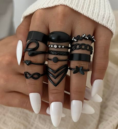 iF YOU 25 Pcs Gold Stackable Ring Set for Women, Chunky Knuckle Finger Midi Rings, Silver Simple Stacking Cute Rings Pack Trendy Stuff Jewelry Gift - style: 25 Black chunky rings