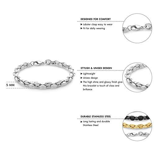 555Jewelry Stainless Steel Hollow Coffee Bean Unisex Link Chain Bangle Bracelet - color: Silver