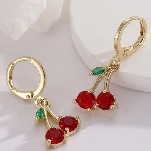 MALOYANVE Red Cherry Jewelry Set for Women 18K Gold Plated Sweet Fruit Dainty Cubic Zirconia Cherry Earring Necklace and Bracelet Summer Tropical Charm Accessories - color: Gold