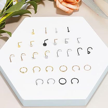 35-70 PCS 18G 20G Nose Rings for Women & Men - Gold Hoops, L Shape, Studs & Screw - 316L Surgical Stainless Steel - color: Color C-40pcs