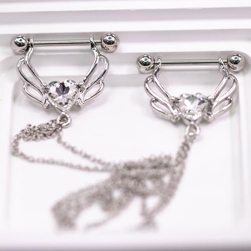 VERAMI 14G 316L Double Chain Connecting Heart CZ Nipple Rings Stainless Steel Skull Angel Piercing Barbell Body Pierced Jewelry for Women - color: Silver-B