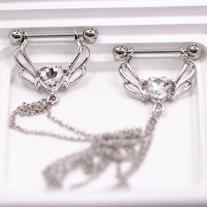 VERAMI 14G 316L Double Chain Connecting Heart CZ Nipple Rings Stainless Steel Skull Angel Piercing Barbell Body Pierced Jewelry for Women - color: Silver-B