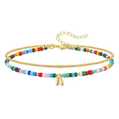 KissYan Initial Ankle Bracelets for Women | Layered Colorful Beaded Anklet with 14K Gold Chain, Waterproof Dainty Jewelry Gift for Summer Beach - style: A Letter