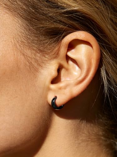 Bestyle Gold Huggies Earrings for Women Hypoallergenic 925 Sterling Silver Post Huggie Hoop Earrings Thick Lightweight Small Hoop Earrings 8/10/12/14mm - color: Black, size: 8mm