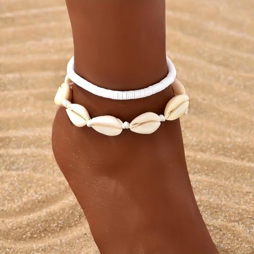 Qceasiy Shell Ankle Bracelets for Women, Boho Beaded Beach Anklet Set | Seashell, Heart, Starfish and Conch Styles, Gold-Tone, Stretch or Adjustable Fit, Layered Beach Vacation Jewelry Gifts - color: White 5