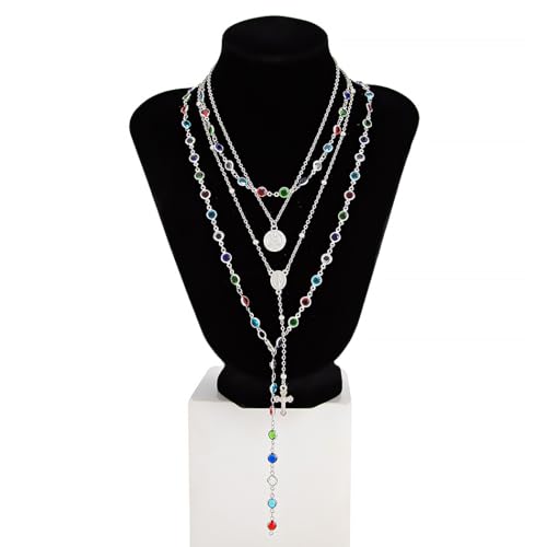 Silvery Layered Necklace for Women, Y Necklace with Cross Pendant, Dainty Stackable Jewelry Gift for Everyday Wear - style: 4PCS - Colorful Chain&Rotundity&Cross Y Bead Chain&Colorful Chain