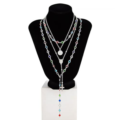 Silvery Layered Necklace for Women, Y Necklace with Cross Pendant, Dainty Stackable Jewelry Gift for Everyday Wear - style: 4PCS - Colorful Chain&Rotundity&Cross Y Bead Chain&Colorful Chain