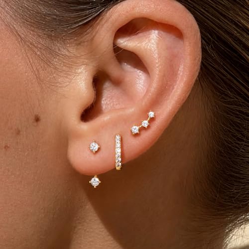 3 Pairs Dainty Small Earrings Set for Women Trendy, Birthstone Stud Huggie Hoop Jacket Stack for Cartilage Helix, Gold Plated Hypoallergenic Cute Women Fashion Accessories Western Jewelry Gifts - color: 04White - Apr