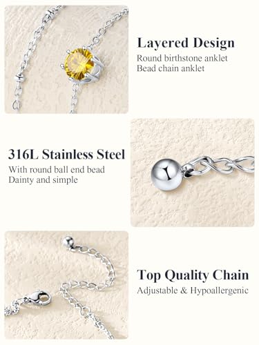 U7 Silver Ankle Bracelet for Women, Waterproof Layered Ankle Round Gem Birthstone Anklets, Summer Beach Foot Jewelry, Adjustable 8.5"-10.5" - color: 11.November-Yellow Topaz