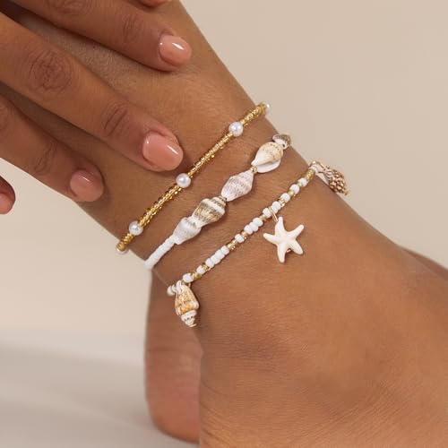 Cicy Bell Boho Ankle Bracelets Set for Women Beach Jewelry Bead Anklets | Hawaiian Shell Starfish Charm,Adjustable,Waterproof Non Tarnish,Summer Vacation Foot Jewelry - color: Gold B