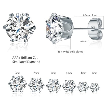 Gemsme 5 Pairs Princess Cut Cubic Zirconia Stud Earrings for Women/Men - 18K Gold Plated Hypoallergenic 3-7mm Square Clear CZ Earring Set - color: White Gold-Round 6 Prong
