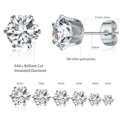 Gemsme 5 Pairs Princess Cut Cubic Zirconia Stud Earrings for Women/Men - 18K Gold Plated Hypoallergenic 3-7mm Square Clear CZ Earring Set - color: White Gold