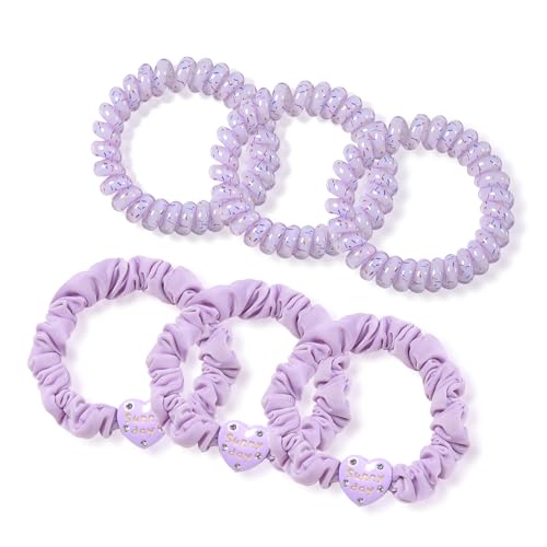 6pcs Spiral Hair Ties and Skinny Scrunchies with Heart Charms 2.36 Inch No Crease Phone Cord Coils Thin Scrunchies Hair Accessories for Ponytail Holders Purple