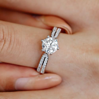 LUSHE Moissanite Engagement Ring 1-2CT D Color VVS1 Clarity 925 Sterling Silver with 18K White Gold Plated Solitaire Moissanite Wedding Promise Rings for Women - color: 002-2 Carat