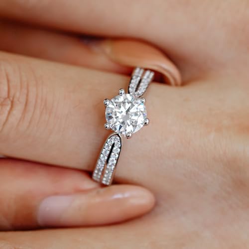 LUSHE Moissanite Engagement Ring 1-2CT D Color VVS1 Clarity 925 Sterling Silver with 18K White Gold Plated Solitaire Moissanite Wedding Promise Rings for Women - color: 002-1 Carat