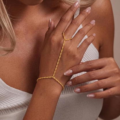 Eaciy 3PCS Gold Hand Chain Bracelets for Women, 18K Gold Plated Dainty Stackable Hand Chain Bracelet Ring Gold Bracelets for Women Trendy Gold Jewelry Set - color: 08-Gold-Singapore Hand Chain