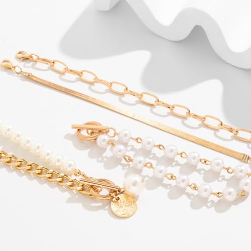 Gold Silver Beaded Pearl Bracelets Stacked for Women Coin Chain Accessories | Statement Stack OT Buckle Bracelet, Charm Stackable Pearls Coins Drop Paperclip Link, Fashion Layered Prom Party Jewelry Gift - color: Gold