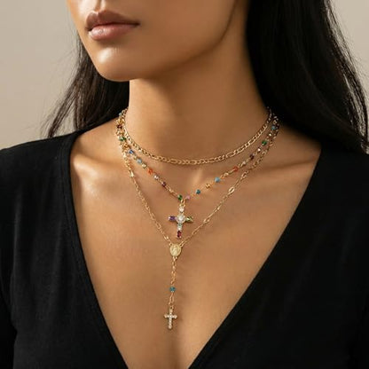 Gold Cross Layered Necklaces for Women,Colorful Crystal Drop Necklace,Gold Cross Pendant Necklace Stack,Fashion Long Tassel Chest Chain Jewelry Layered Rhinestone Neck Chain Accessories - color: Gold-2