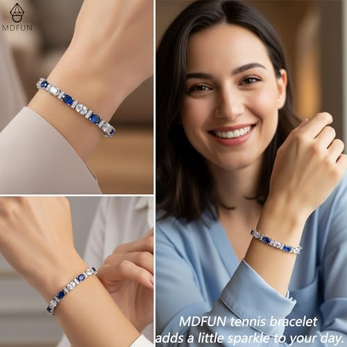 MDFUN 18K White/Yellow Gold Plated Green/Blue 5 * 7MM Oval 5A+ Cubic Zirconia Tennis Bracelet for Women Birthstone Jewelry Gift 6.5-8.5 inch - color: 18K White Gold -Blue