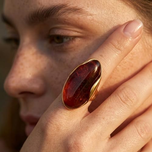 Mchic Colorful Chunky Statement Ring for Women: Boho Large Oval Acrylic Finger Ring Stainless Steel Adjustable Beach Summer Y2K Handmade Jewelry Gift for Women - color: Amber
