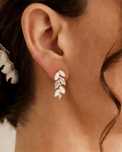 Pearl Earrings - 14K Gold/White Gold/Rose Gold Plated Cubic Zirconia CZ Diaomond Accented Pearl Drop Dangle Earrings for Women Wedding Bridal Prom - color: Gold leaf design