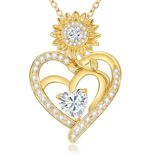 Midari Sunflower Necklace 18k Gold Plated Heart with Brithstone You Are My Sunshine Necklace Anniversary Birthday Sunflower Jewelry Gift for Women Wife Mom - color: 04-April