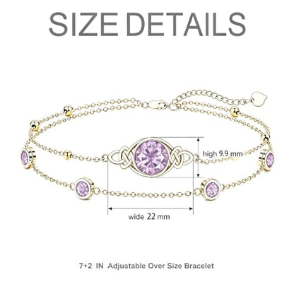 Midari 18K Gold Irish Infinity Celtic Knot Birthstone Layed Anklet Bracelet with 12 Months Birthstone Birthday Jewelry Gifts for Women Mom - color: 06-Light Purple, size: Bracelet 7"-9"