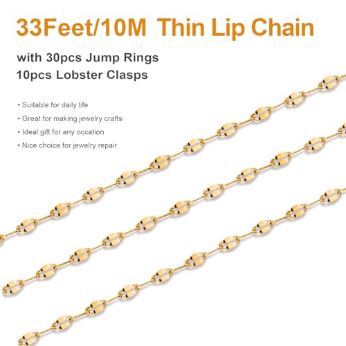 Kyutong Thin Stainless Steel Chain Roll Gold Chain for Jewelry Making | 32.8 Feet Jewelry Chain for Keychain Necklace Bracelet DIY Gold PVD Plated Stainless Chains Bulk with Jewelry Connectors - color: Gold Lip