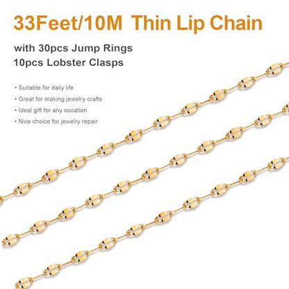 Kyutong Thin Stainless Steel Chain Roll Gold Chain for Jewelry Making | 32.8 Feet Jewelry Chain for Keychain Necklace Bracelet DIY Gold PVD Plated Stainless Chains Bulk with Jewelry Connectors - color: Gold Lip
