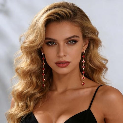 Ruby Crystal Dangle Earrings Red Rhinestone Tassel Drop Earrings Long Cz Chain Tassel Earrings Gold Huggie Hoop Earrings Ruby Wedding Earrings - color: Red