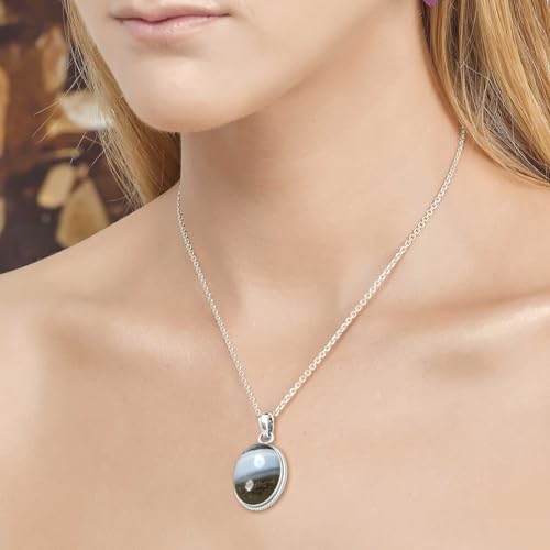 Chunky Natural Gemstone Pendant Necklace For Women Onyx, Turquoise, Amber, Garnet Oval Boho Genuine 925 Sterling Silver Handmade Jewelry - color: Blue Opal