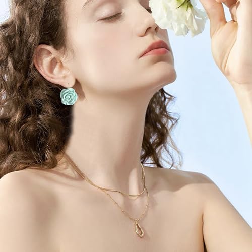Handmade Bohemian Aesthetic Dainty Acrylic Flower Petal Leverback Earrings Sparkly 14K Gold Floral Dangle Drop Earrings for Women - color: Blue Green
