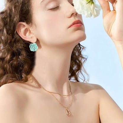 Handmade Bohemian Aesthetic Dainty Acrylic Flower Petal Leverback Earrings Sparkly 14K Gold Floral Dangle Drop Earrings for Women - color: Blue Green