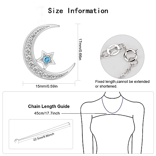 Sterling Silver Crescent Moon Star Necklace Cubic Zirconia Jewelry for Teen & Women Ladies Dainty 18" Chain - color: Lake Blue