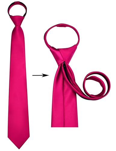 Branduce 3.15"（8cm） Mens Solid Satin Tie Pre-tied Adjustable Zipper Necktie for Business and Wedding - color: Hot Pink -2