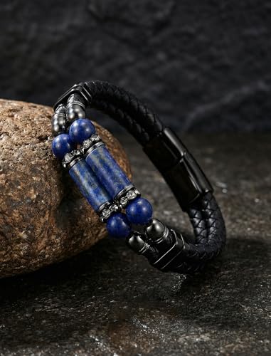 Mens Leather Turquoise/Tiger Eye/Obsidian/Lava Stone Bracelet–Braided Multi‑Layer Wristband Cuff Bangle Barcelet–Jewelry Box and Pouch Packing - color: Lapis Lazuli, size: 8.3in(Fits most wrists)
