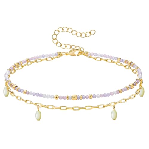 KissYan Beaded Anklets for Women, Seed Beads Layered Ankle Bracelets | Zirconia Anklet with 14K Gold Plated Link Chain, Adjustable Summer Bead Foot Chain, Sparkling Handmade Jewelry Gift - color: Violet