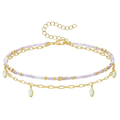 KissYan Beaded Anklets for Women, Seed Beads Layered Ankle Bracelets | Zirconia Anklet with 14K Gold Plated Link Chain, Adjustable Summer Bead Foot Chain, Sparkling Handmade Jewelry Gift - color: Violet