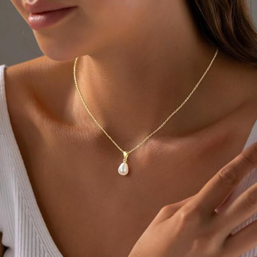 Gold Drop Pearl Necklaces for Women，Dainty Pearl Choker Necklace 14k Gold Plated Charm Prom Pearl Necklaces Jewelry Gifts for Women - color: 1pearl